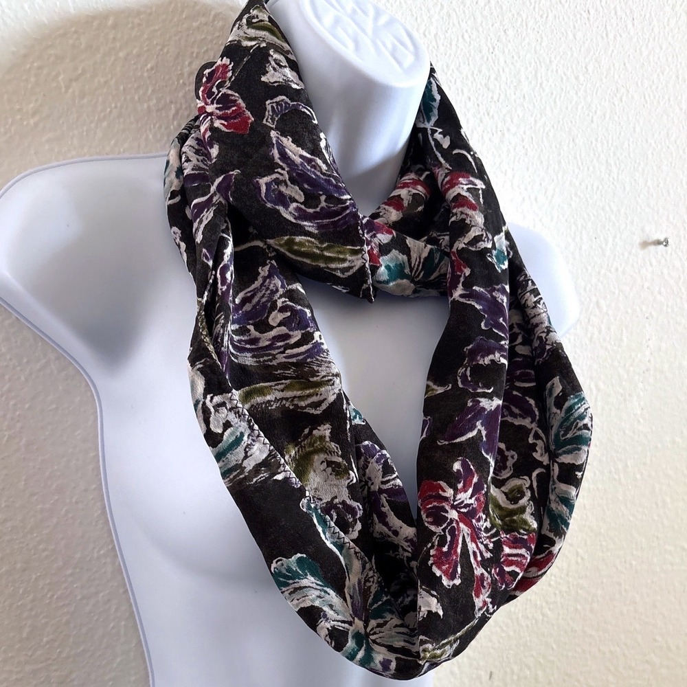 J. Jill Wearever Infinity Scarf Black Floral 100% Silk Boho Artsy Loop Whimsy